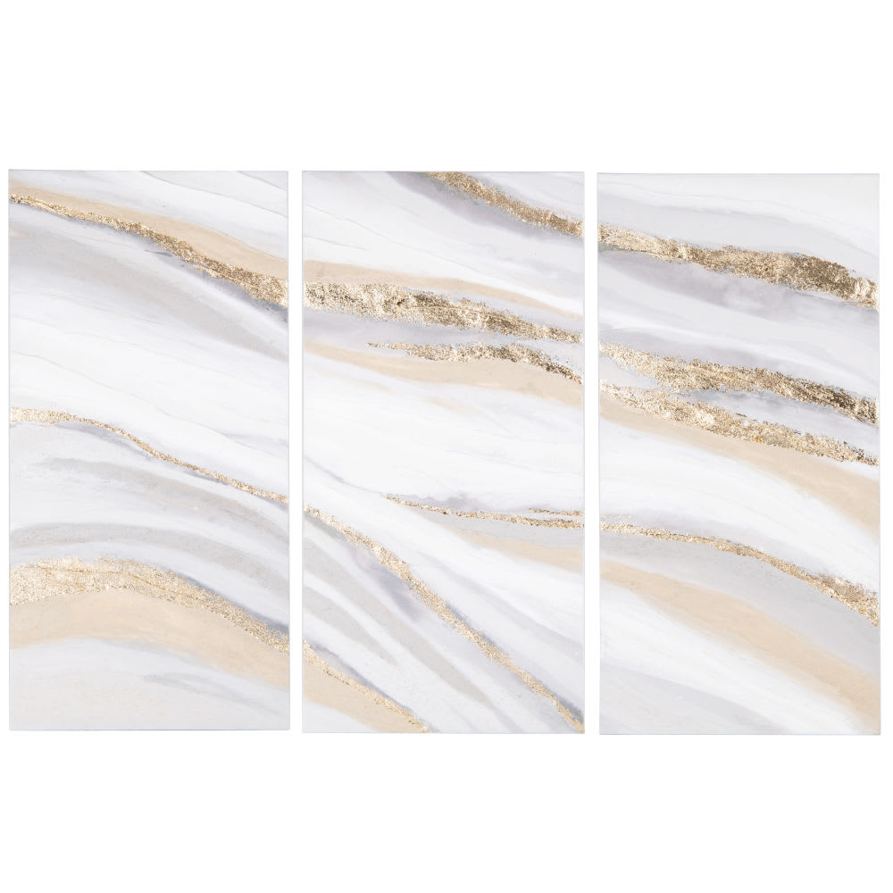 Toiles triptyques peintes dorées, beiges, écrues et grises, 120x80 cm