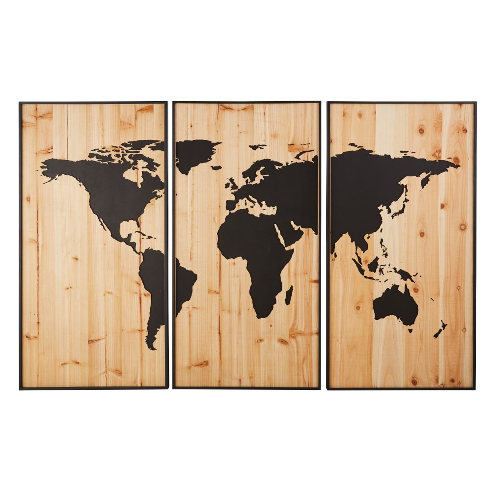 Tríptico de pared de metal negro y madera tallada 180x120 cm
