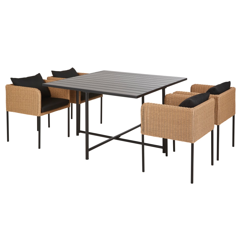 Tuin tafelset met 4 stoelen van staal en aluminium in antracietgrijs en gerecycleerd beige kunststof - Maisons Du Monde
