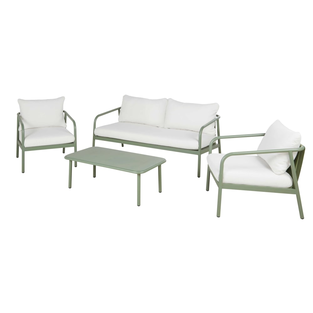 Tuinset voor 4 personen in kaki groen met ecru kussens. - Maisons Du Monde