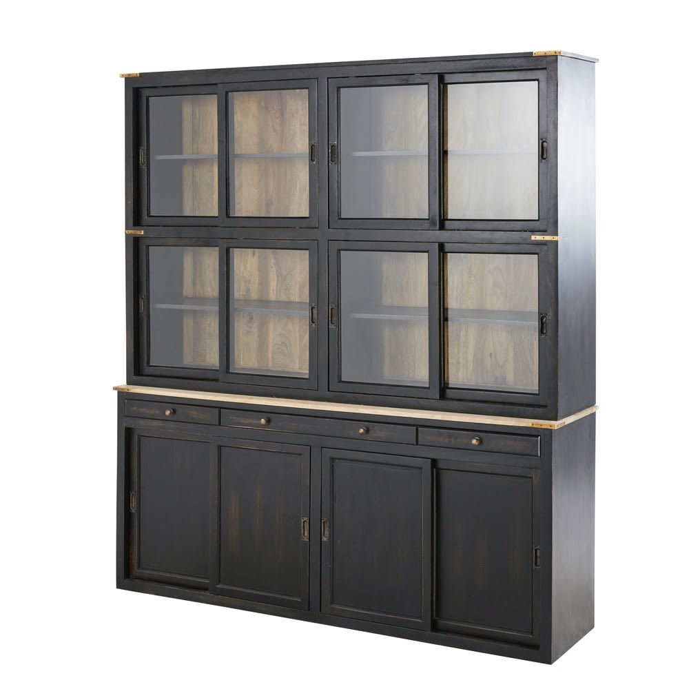 Vaisselier 12 portes 3 tiroirs en manguier massif noir L180 - Maisons du Monde