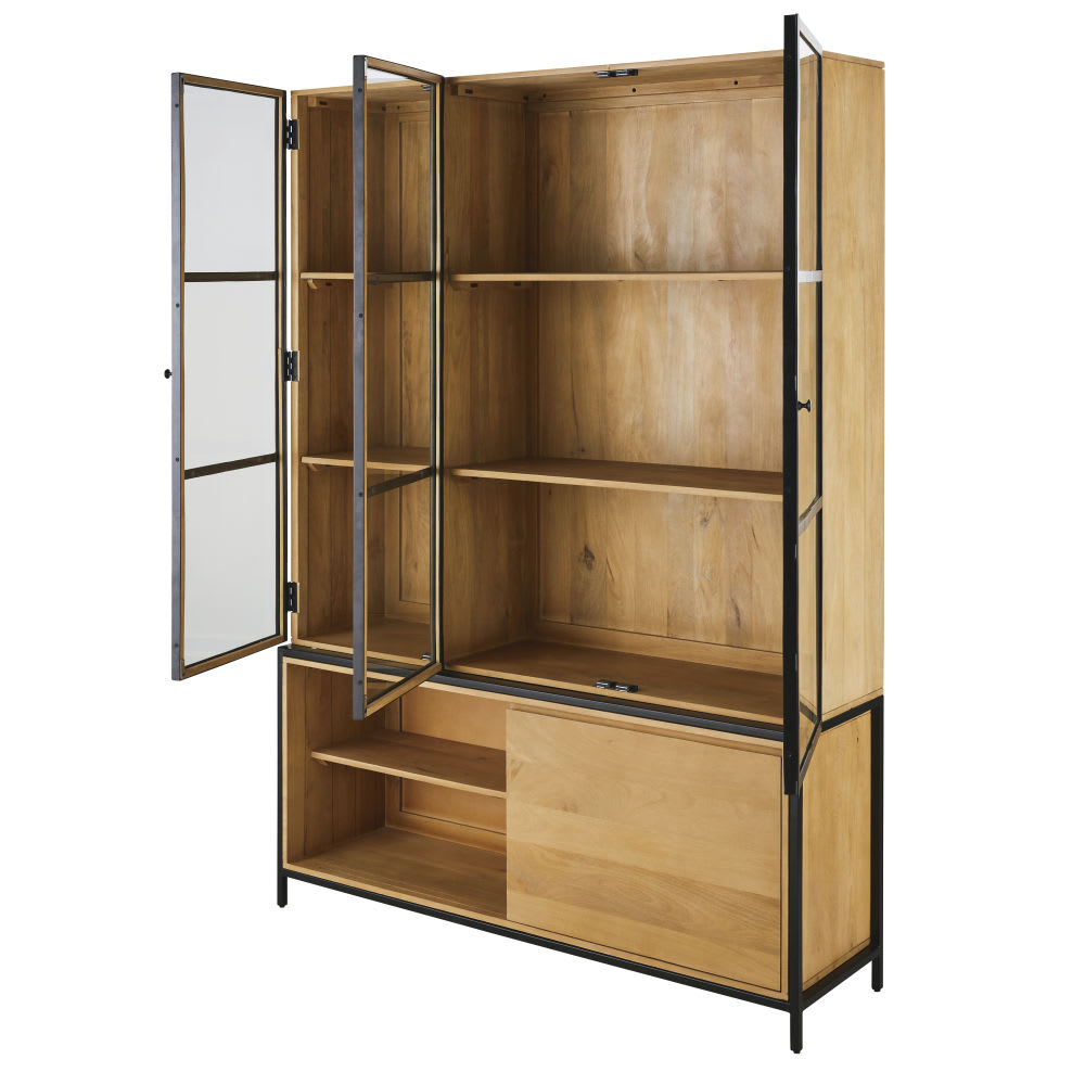 Vaisselier 2 portes en bois de manguier massif, verre trempé et métal noir mat L88