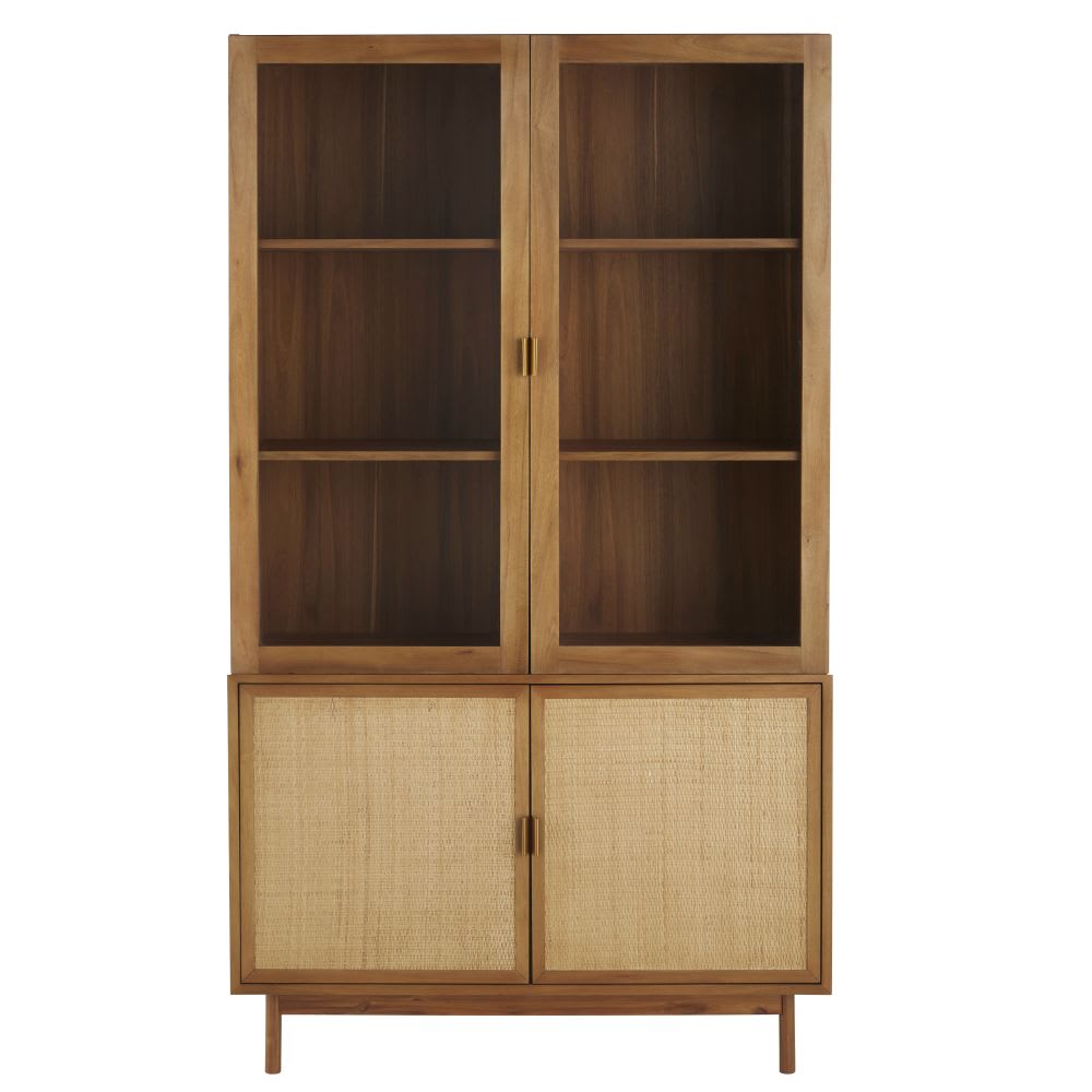 Vaisselier 4 portes en verre trempé et rotin tressé L88