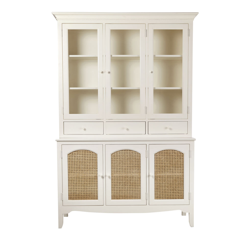 Vaisselier blanc cassé et cannage en rotin, L123 cm