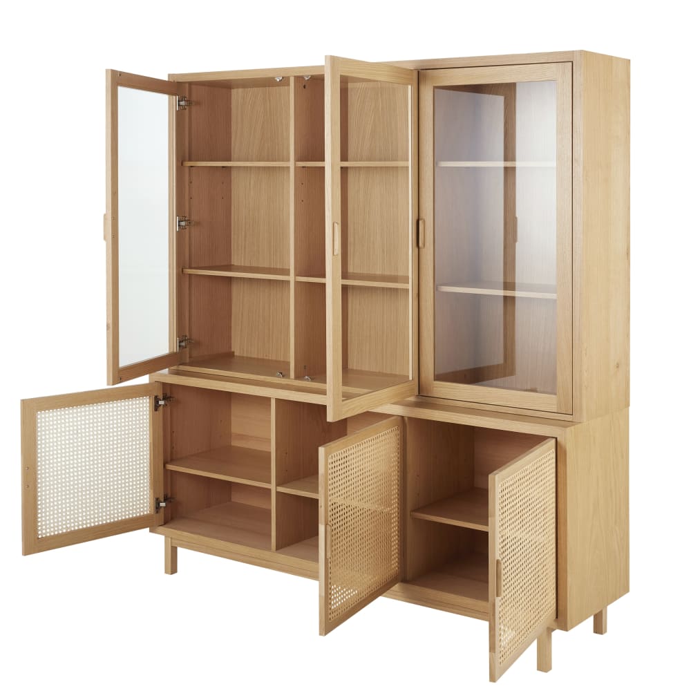 Vaisselier en bois de chêne et cannage en rotin, L180 cm