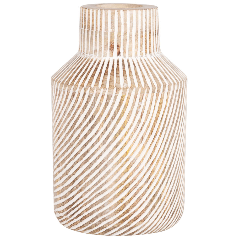 Vase en bois de manguier rayé marron et blanc H24