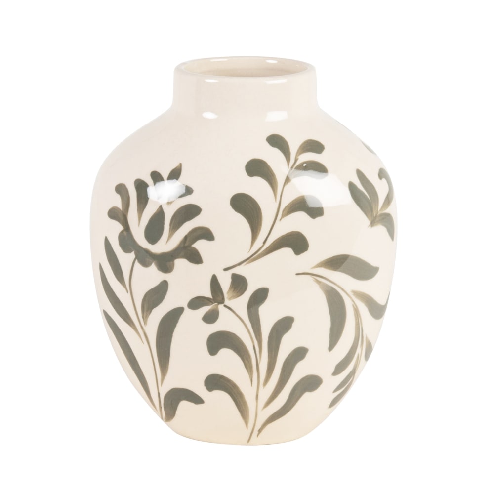 Vase en grès blanc motif végétal vert H22