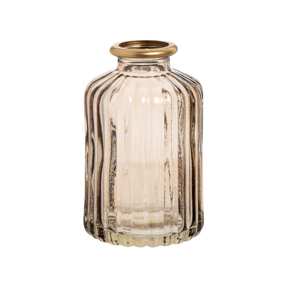 Vase en verre strié marron et liseré doré H10