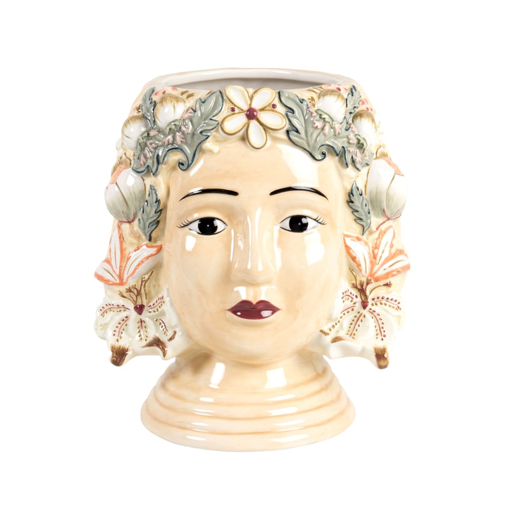 Vase visage et fleurs en faïence multicolore H25