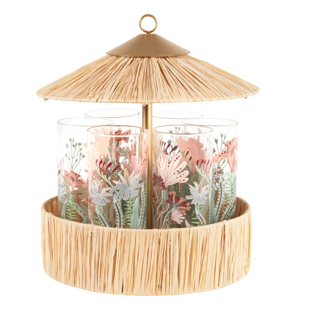 Verres en verre motif végétal multicolore (x6) support paillotte en papyrus