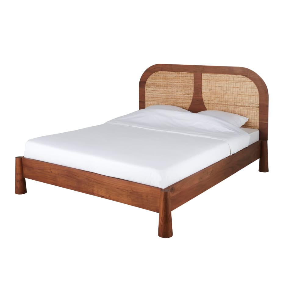 Vintage bed van massief acaciahout en gevlochten rotan, 160x200 cm, met lattenbodem - Maisons Du Monde