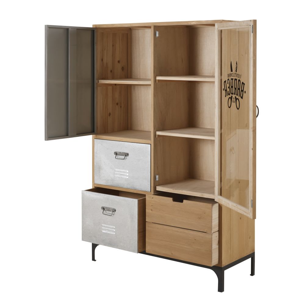 Vitrine 2 portes 3 tiroirs en sapin massif, verre et métal - Maisons du Monde