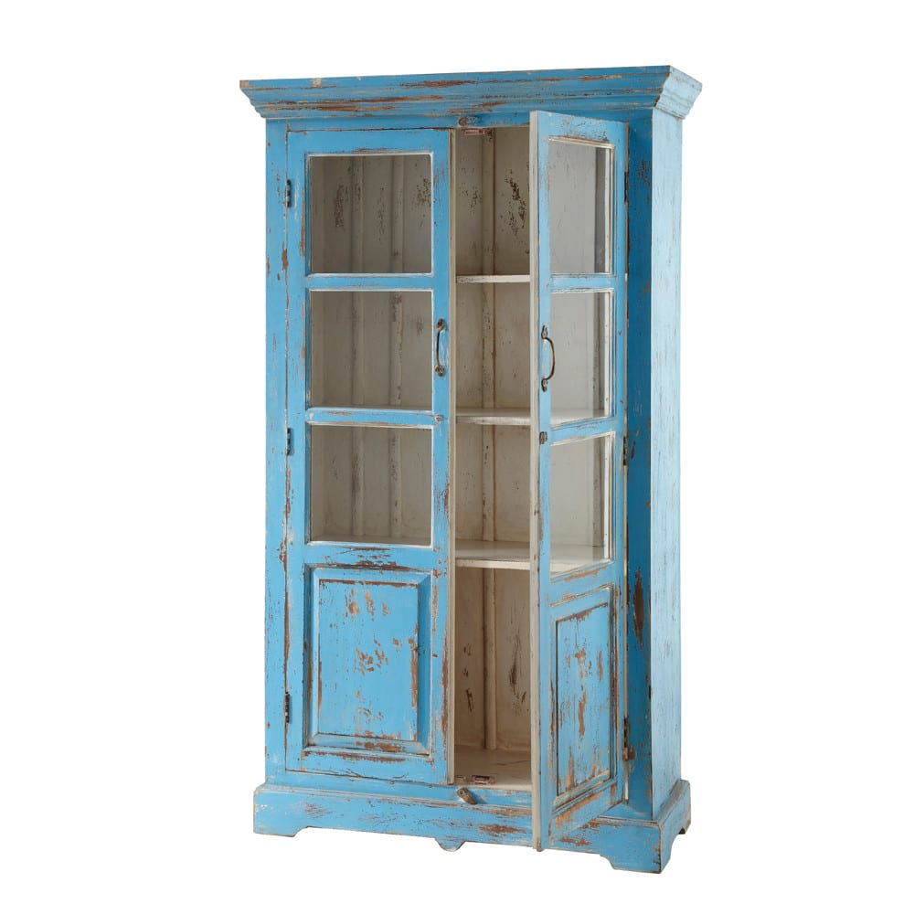 Vitrine aus Mangoholz, B 105cm, türkis antik Avignon - Maisons Du