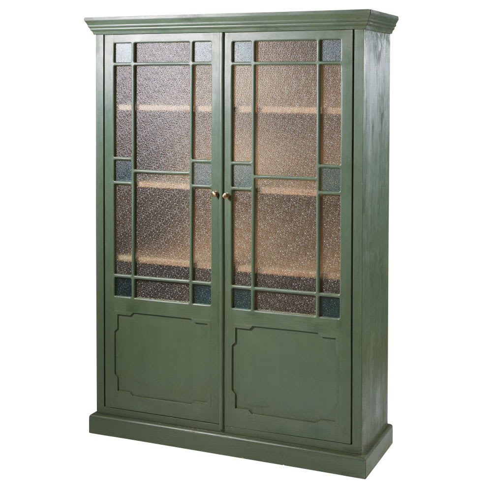 Vitrine mit 2 Türen aus massivem Akazienholz und Mattglas -