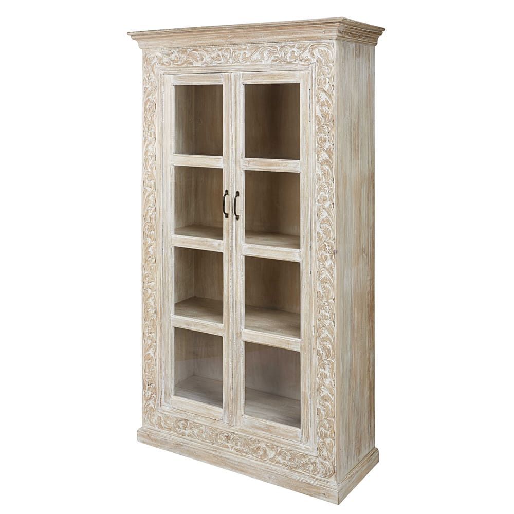 Vitrine sculptée 2 portes en manguier massif blanchi - Maisons du Monde