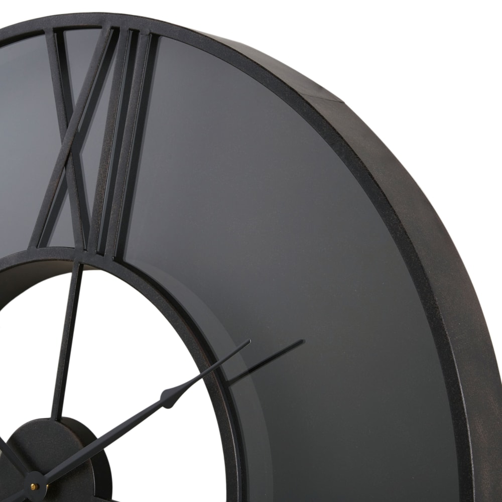 Wandklok van glas en zwart staal met kurken stop, diameter 90 cm.