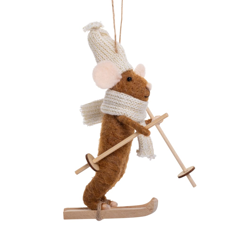 Weihnachtsanhänger Maus mit Skiern aus Kiefernholz, braun -