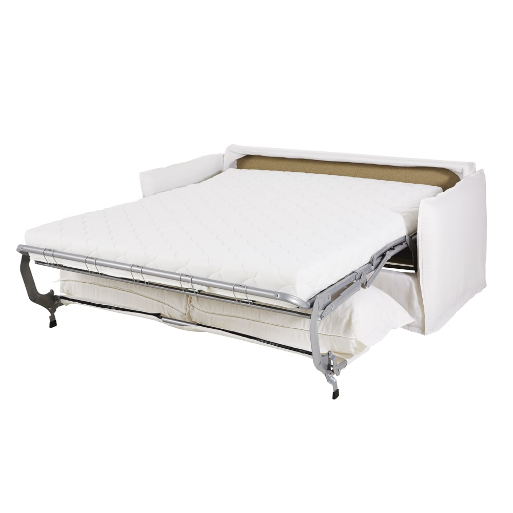 Witte linnen slaapbank met 3 zitplaatsen, matras 14 cm - Maisons Du Monde
