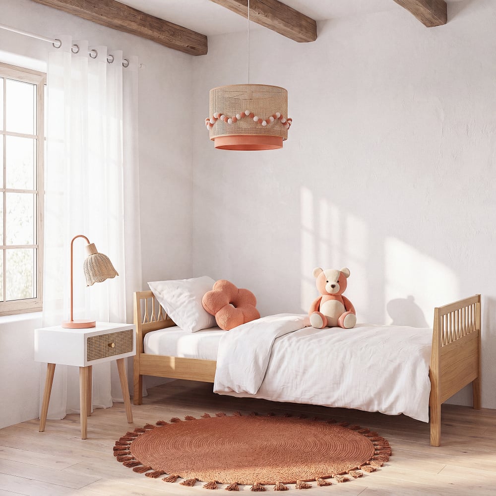 Hängeleuchte rosa Cannage aus beigem Rattan mit Pompons Louna