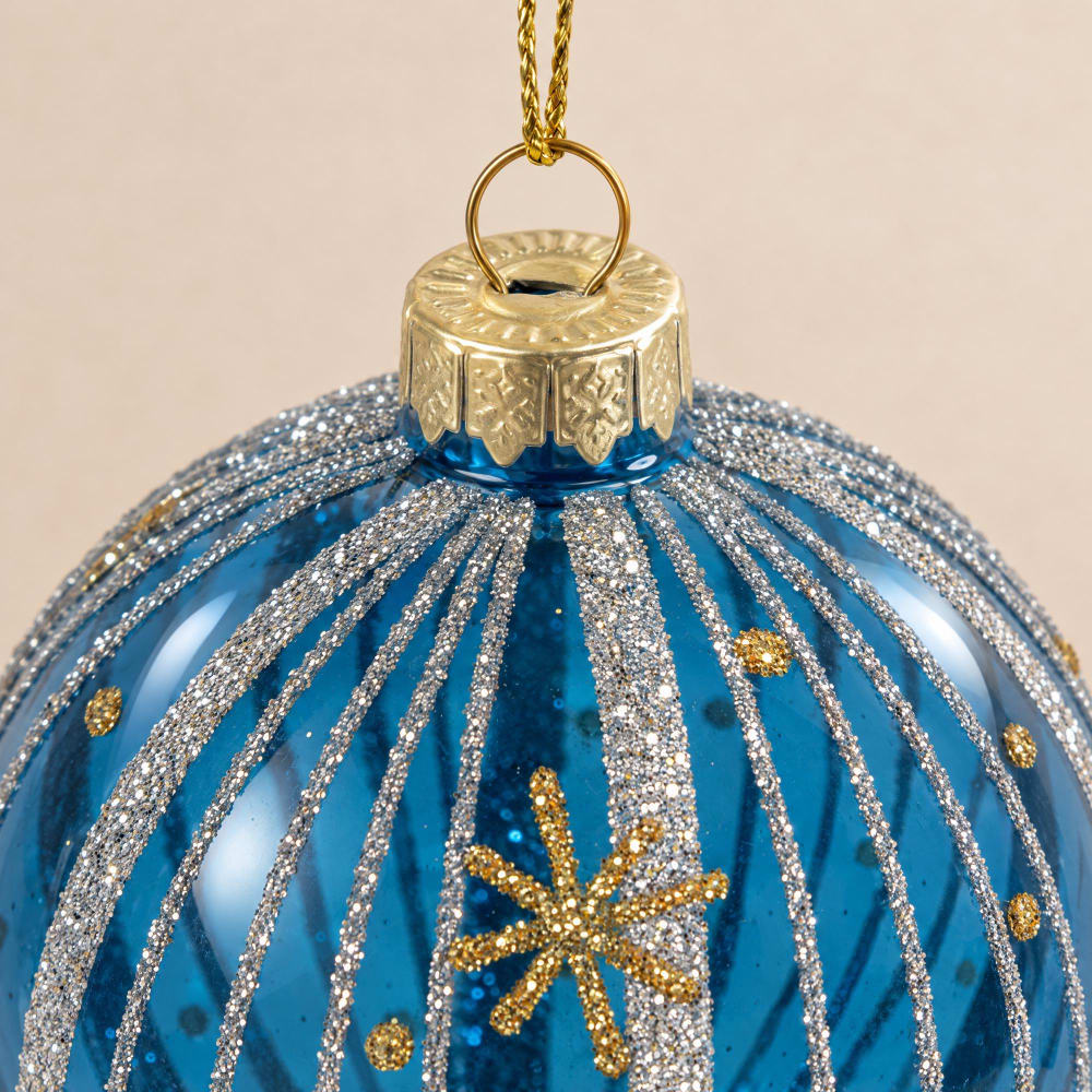 Blaue Weihnachtskugel aus Glas mit Glitzer