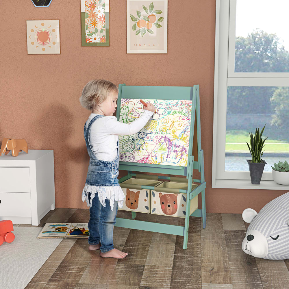 AIYAPLAY Tableau Chevalet Enfant 3 En 1 - Double Face Magnétique + Rouleau Papier - Vert 3-6 Ans