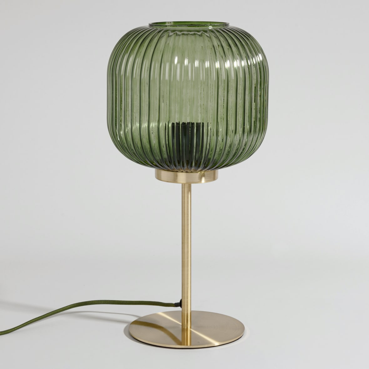Vergoldete Stahllampe mit grünem Glasschirm, H 40 cm Ojama