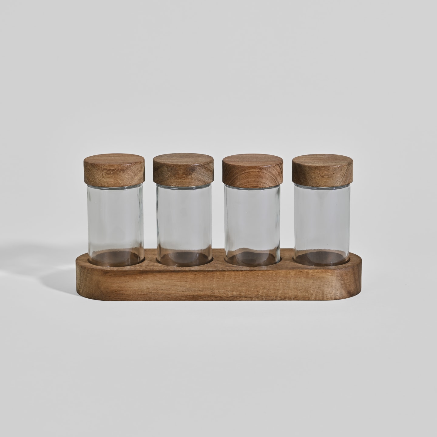 Vier-Gewürze-Bar aus Glas und Akazienholz