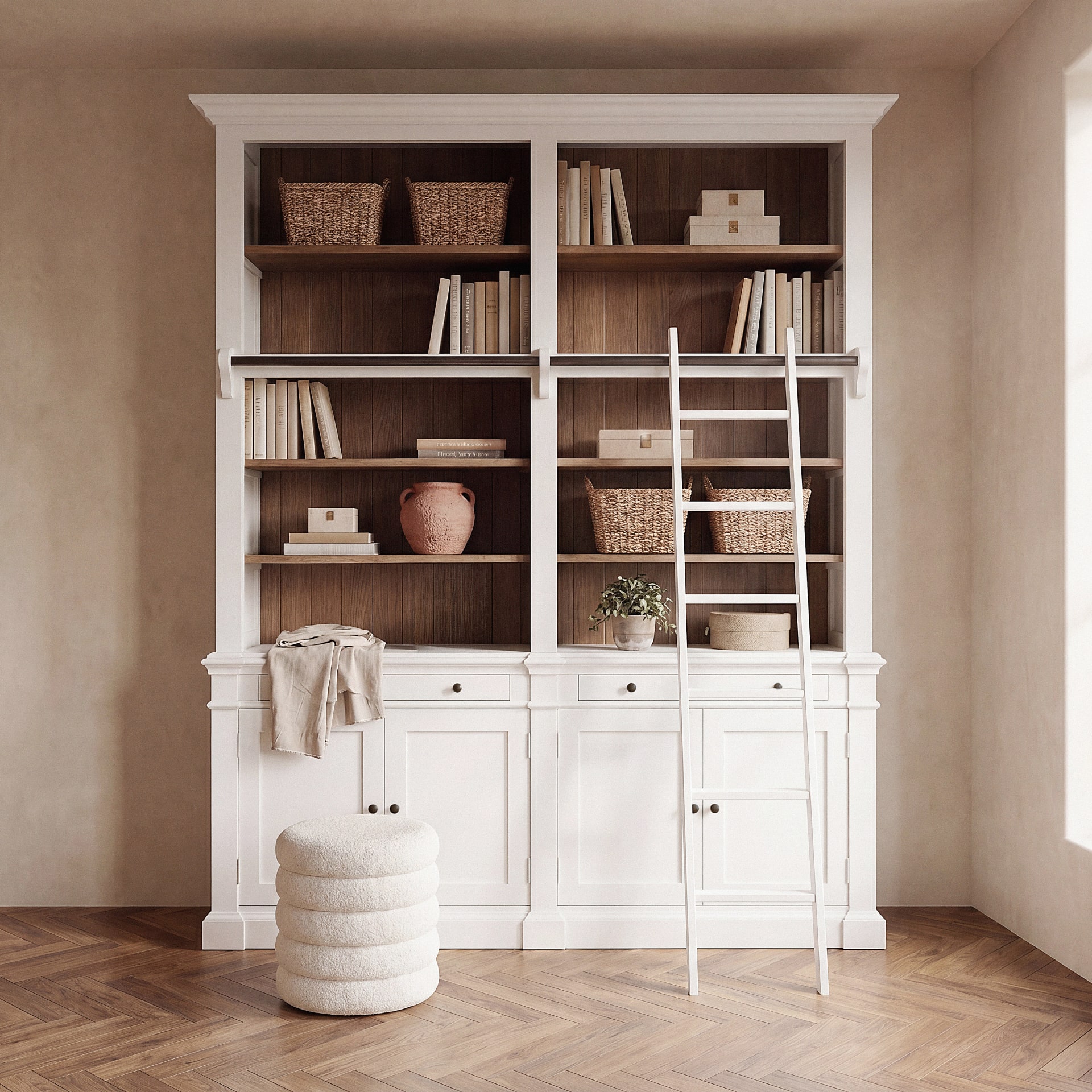 Weißes Bücherregal mit Leiter, L 202 cm Versailles