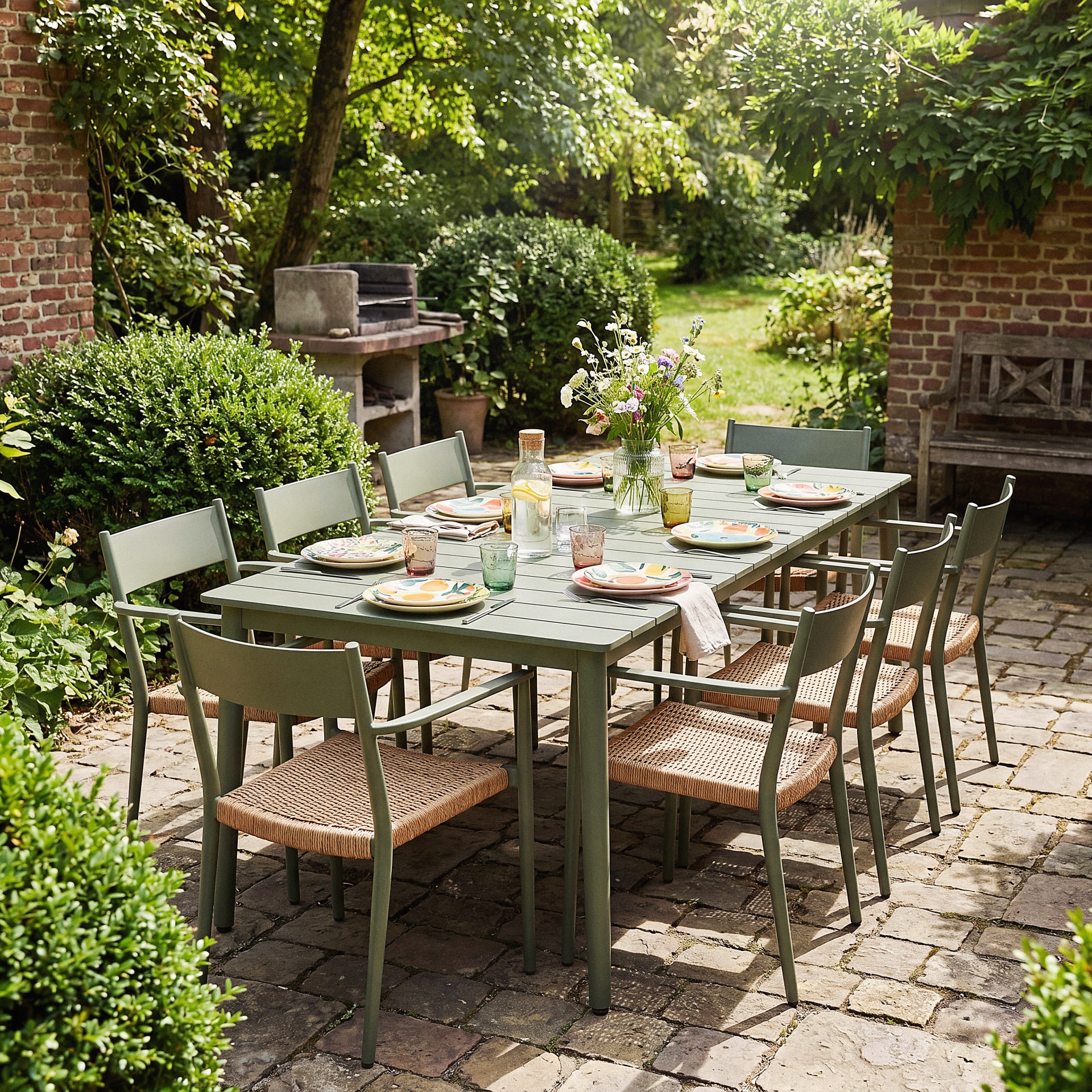 Gartentisch und 8 Stühle in Khakigrün und Beige Lidy