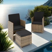 GIANTEX - Salon De Jardin 5 Pièces En Rotin Gris, Table Bois Acacia + 2 Chaises + 2 Poufs, Charge 180kg