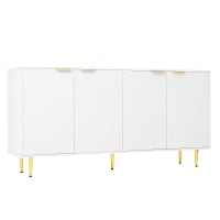 Mesa consola blanca con motivos geométricos en relieve y patas doradas