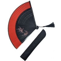 Éventail Résine Noir Avec Paon Pailleté Doré Sur Fond Rouge - Magnifique Accessoire