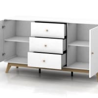 Buffet Casier 8 Portes CASSIE Blanc Et Bois - 139 Cm De Long, Dimensions 139x34x73 Cm, Panneaux PB, Rangement Maxi Pour Salon/Cuisine