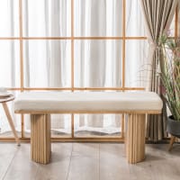 Panca 2 posti + Poltrona legno di hevea tinto noce scuro e bouclé, Crema