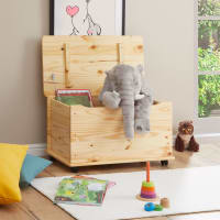 Coffre à jouets ELISA coffre de rangement malle rectangulaire avec abattant et 4 roulettes, en pin