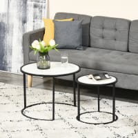 Table Basse Ronde, Plateau Verre Trempé Façon Marbre, Blanc Et Noir, Moderne