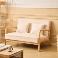 Banquette 2 Places + Fauteuil En Bois Et Tissu Beige