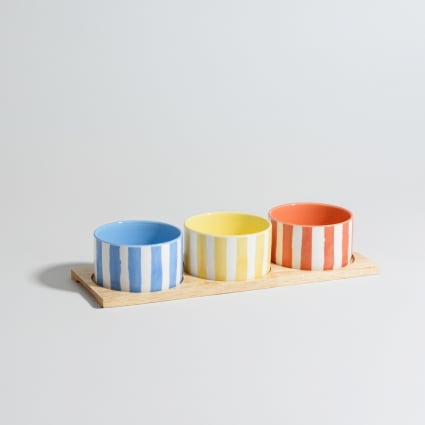 Aria - Coupelles apéritives en céramique à rayures multicolores (x3) et plateau