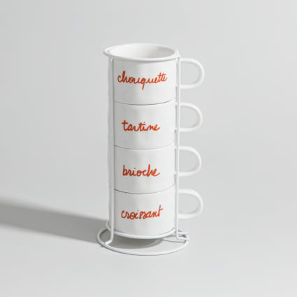 Coffret tasses en céramique blanche et rouge (x4) et support en acier Miya | Maisons du Monde