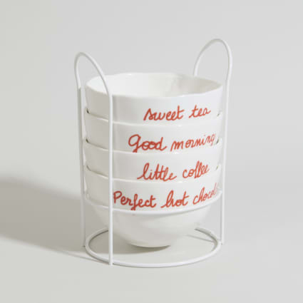 Bols en céramique rouge et blanche (x4) et support en acier Miya | Maisons du Monde