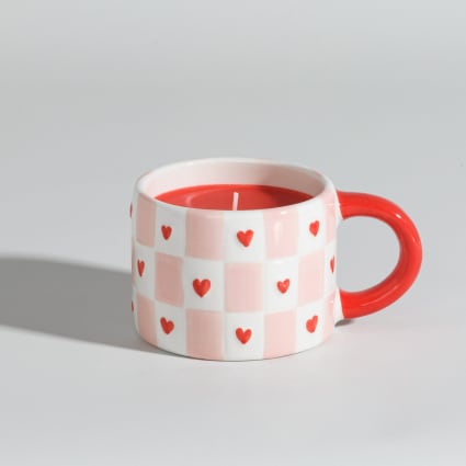 Bougie tasse parfumée en céramique rose, blanche et rouge