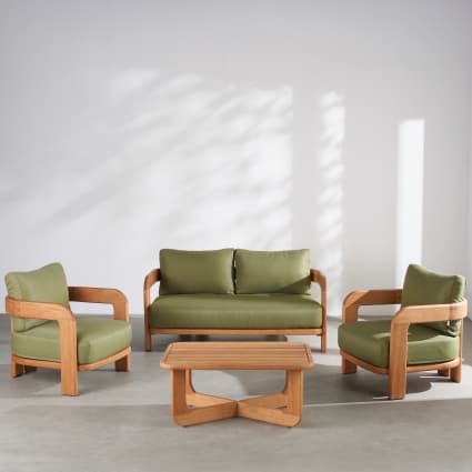 Salon de jardin 4 places en bois d'eucalyptus et coussins vert kaki