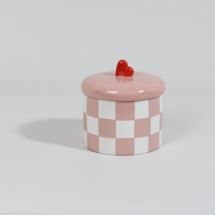 Boîte décorative ronde en porcelaine motif damier rose et blanc