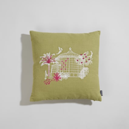 Housse de coussin en coton vert motif brodé blanc et rose 40x40