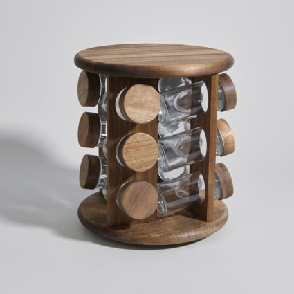 Epicier tournant en bois d'acacia et 12 pots en verre