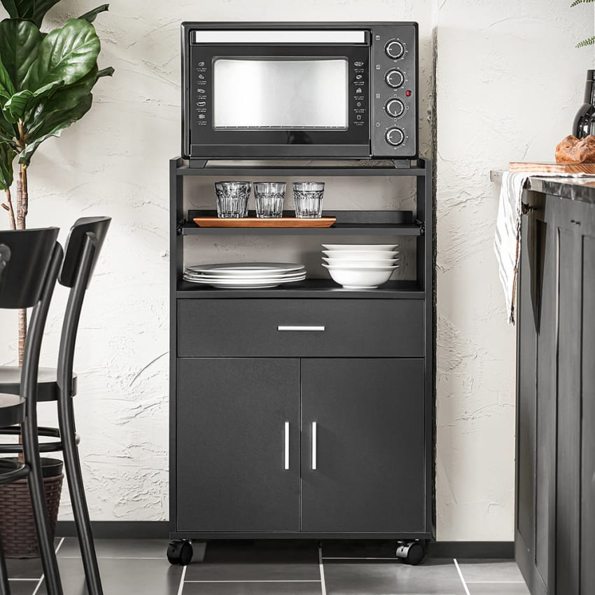 Carrello da cucina per microonde, su ruote, In legno/cromato