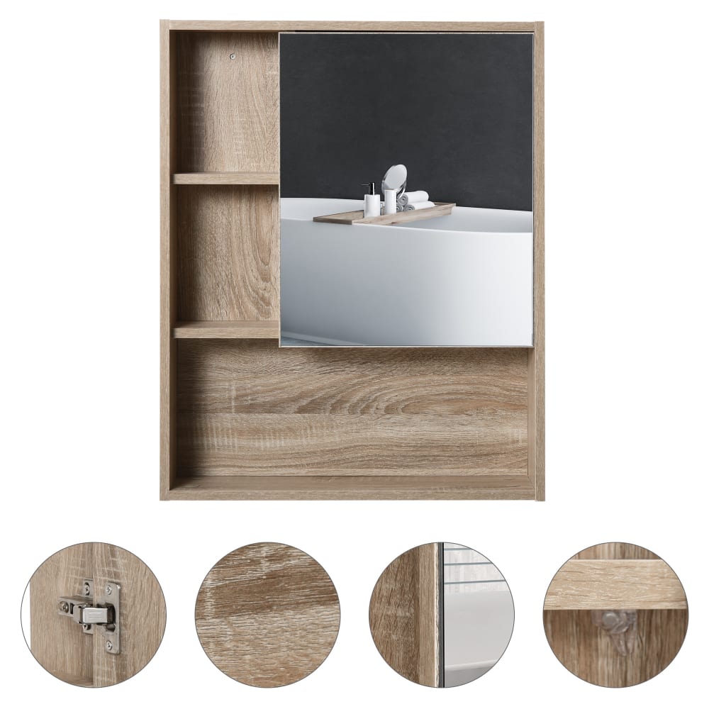 étagère Réglable Armoire Salle De Bain Kleankin Bambou Avec Miroir - 65.2x14x50 Cm | Rangement 3 Niveaux, Fixation Murale Armoire étagère Réglable