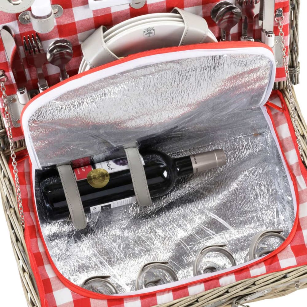 Picnic Time Panier Pique-Nique Osier 'Country' 2 Personnes - Doublure Vichy Rouge - Couvercle Bois Amovible
