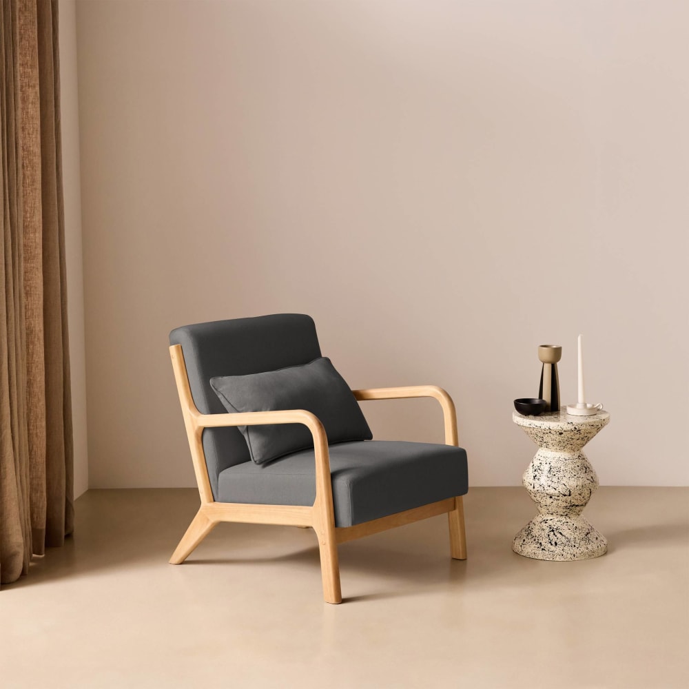 Design Sessel Holz und Stoff, Dunkelgrau, gerader Sessel, Lorens