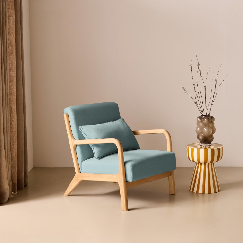 Design Sessel Holz und Stoff, Blau, gerader Sessel, skandinavische Lorens
